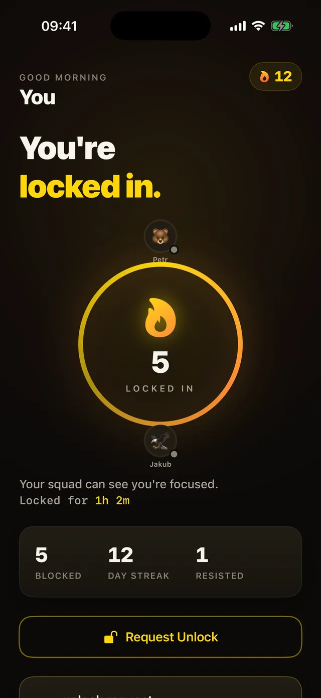 The LockIn home screen: a glowing focus ring with Petr and Jakub orbiting it, a twelve day streak, and blocked, streak and resisted stats.