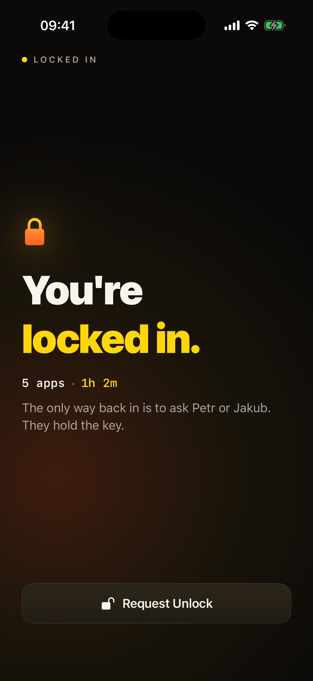 LockIn locked-in screen: a glowing flame, the headline You're locked in, and the line ask Petr or Jakub, they hold the key.