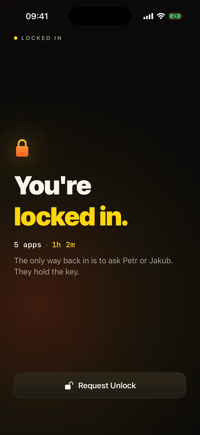 The LockIn locked screen: five apps blocked for one hour two minutes, the line the only way back in is to ask Petr or Jakub, and a Request Unlock button.