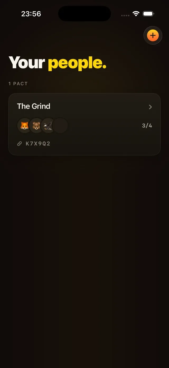 The LockIn pacts screen: a pact called The Grind with member avatars, three of four seats filled, and the invite code K7X9Q2.